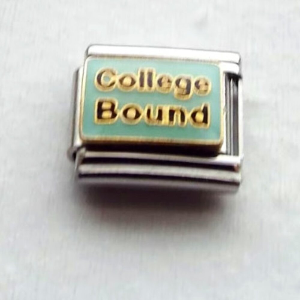 College Bound on green enamel 9mm stainless steel Italian charm bracelet link